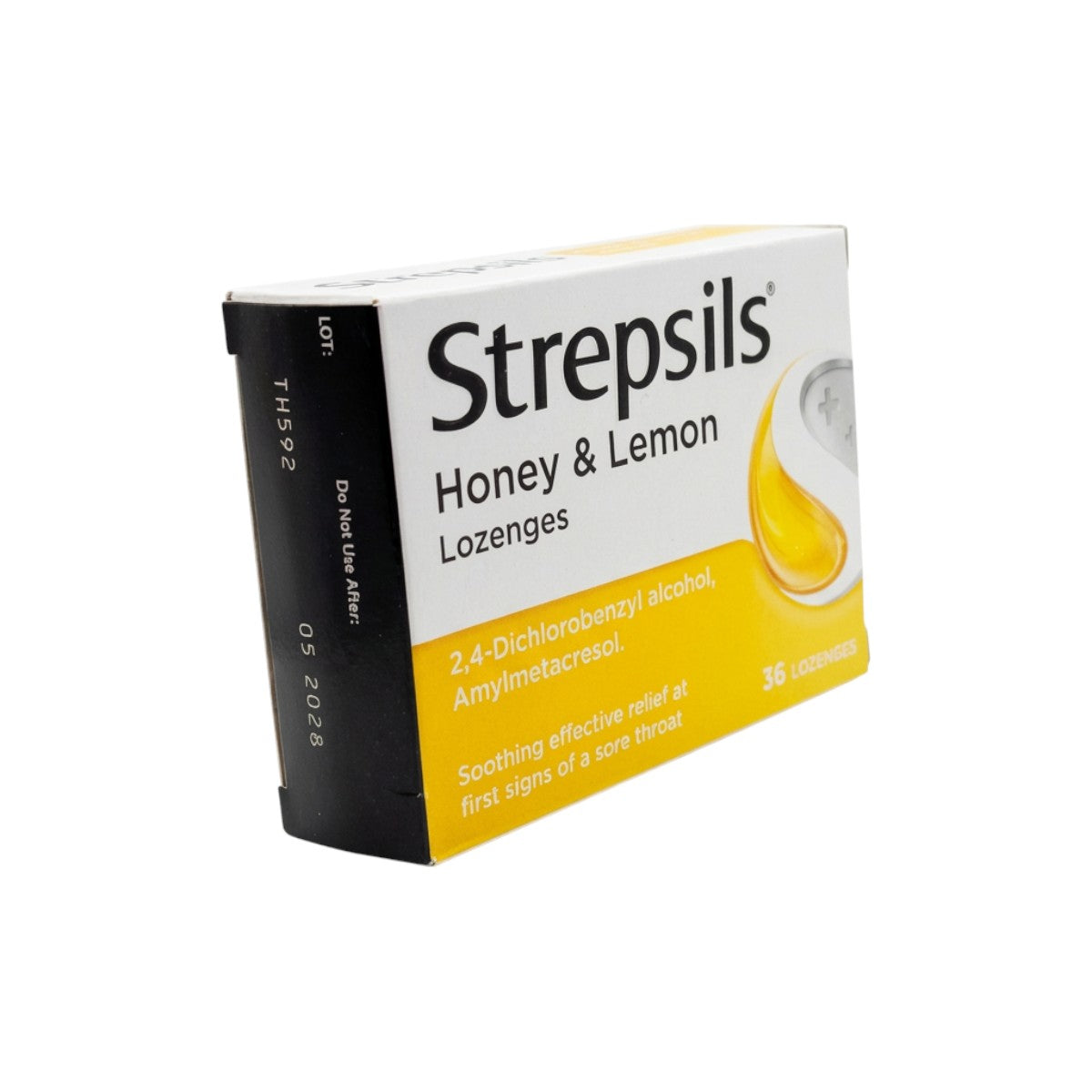 Strepsils Honey & Lemon lozenges 36 pack angled view