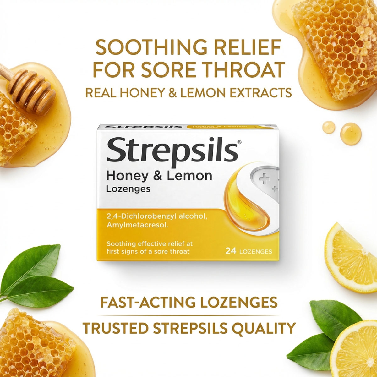 Strepsils Honey & Lemon Lozenges – Soothing Sore Throat Relief with Honey and Lemon