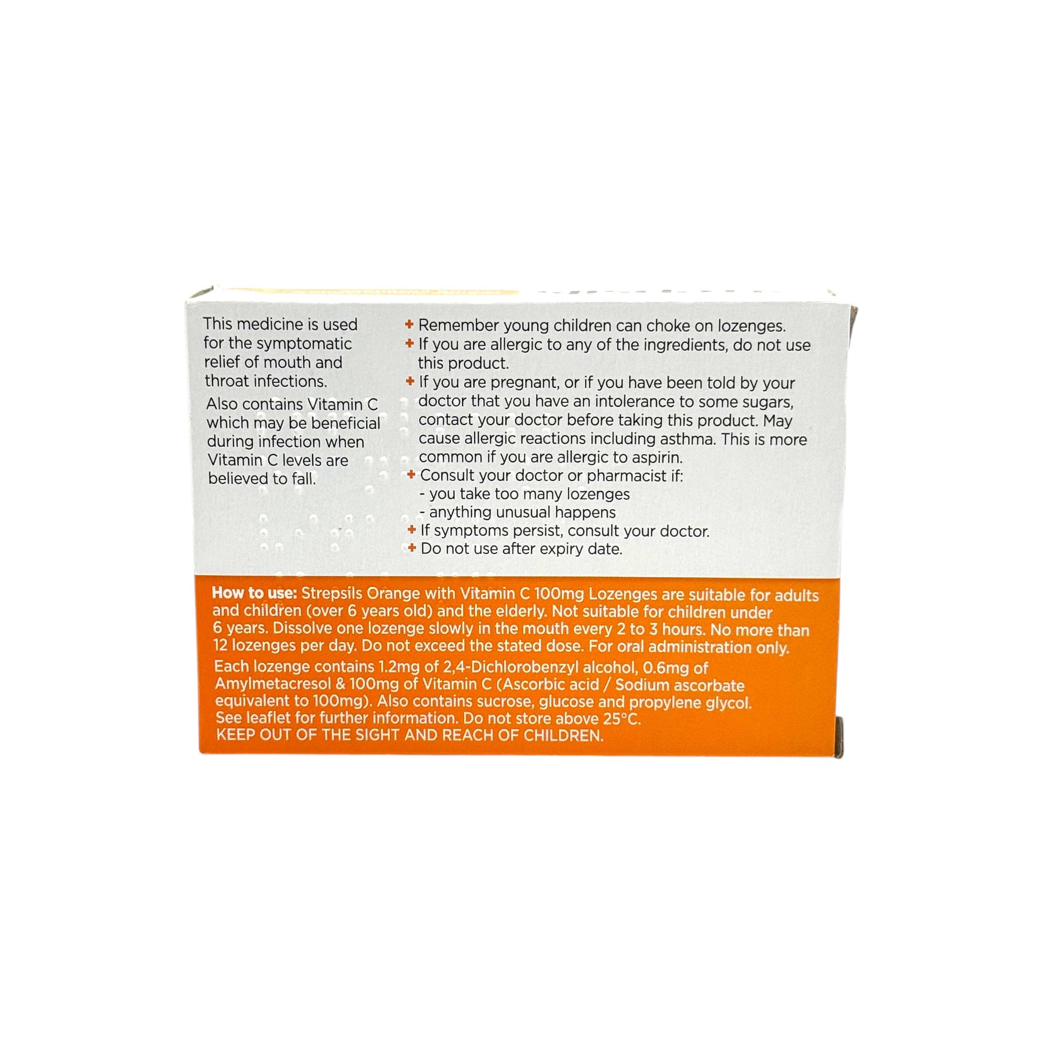 Strepsils Orange with Vitamin C Lozenges 36 – Back of Pack with Directions