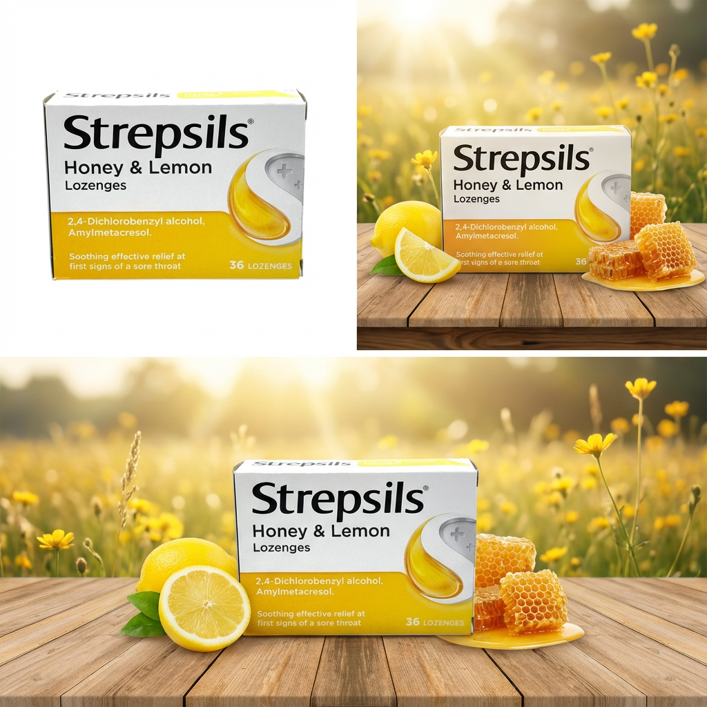 Strepsils Honey & Lemon lozenges packaging with lemons and honeycomb on a wooden surface and natural background.
