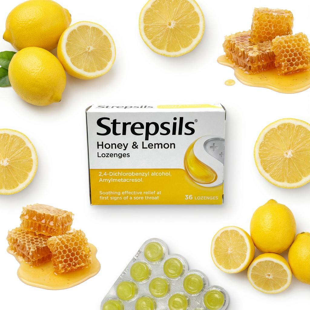 Strepsils Honey & Lemon lozenges 36 pack angled view