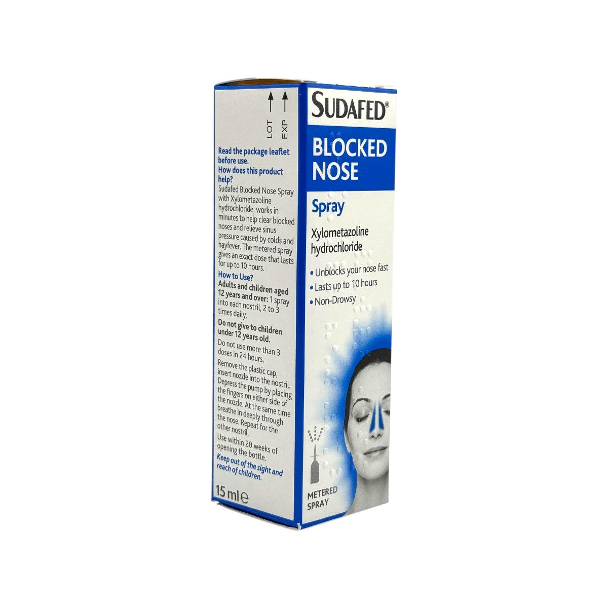 Angled view of Sudafed Blocked Nose Spray box and bottle