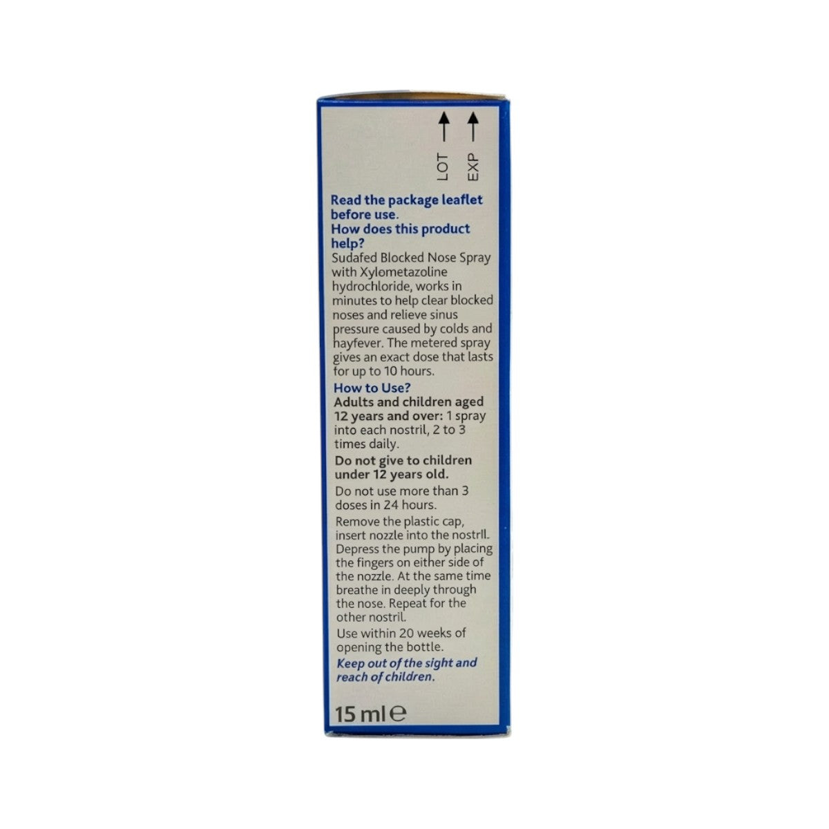 Sudafed blocked nose spray packaging with usage instructions and ingredients