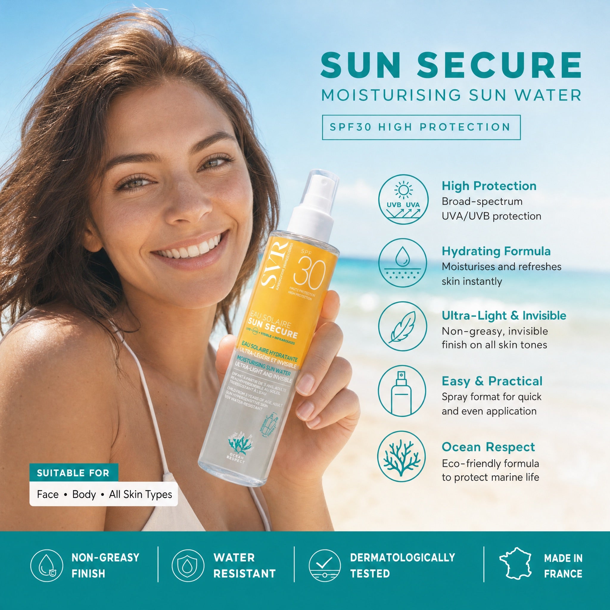SVR Sun Secure Moisturising Sun Water SPF30 – Lightweight Sunscreen for Face and Body