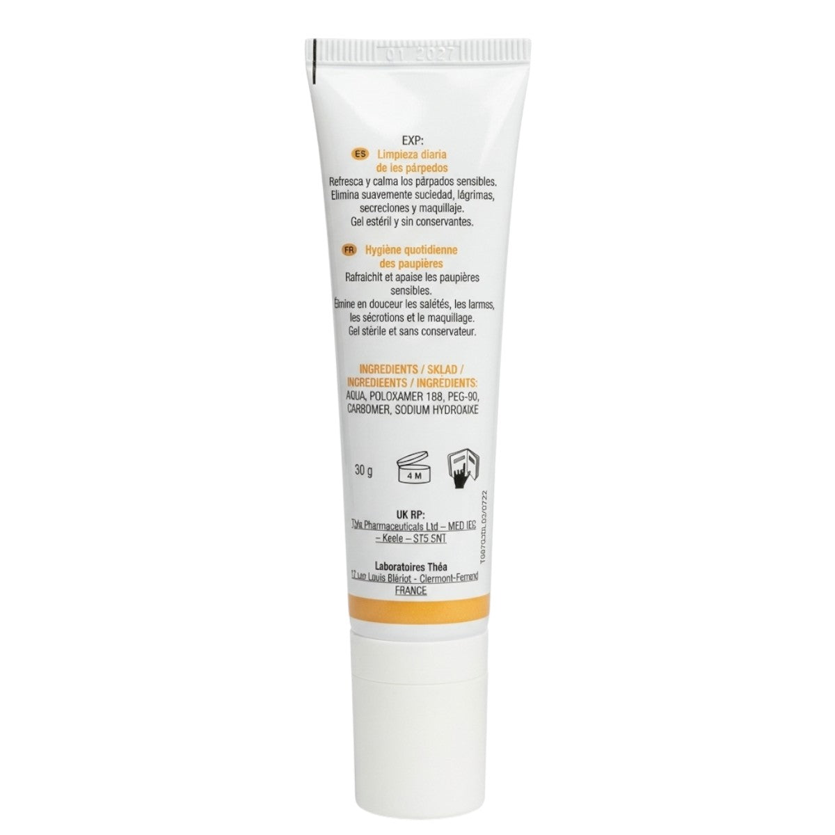 Théa Blephagel eyelid cleansing gel 30g ingredients and back label