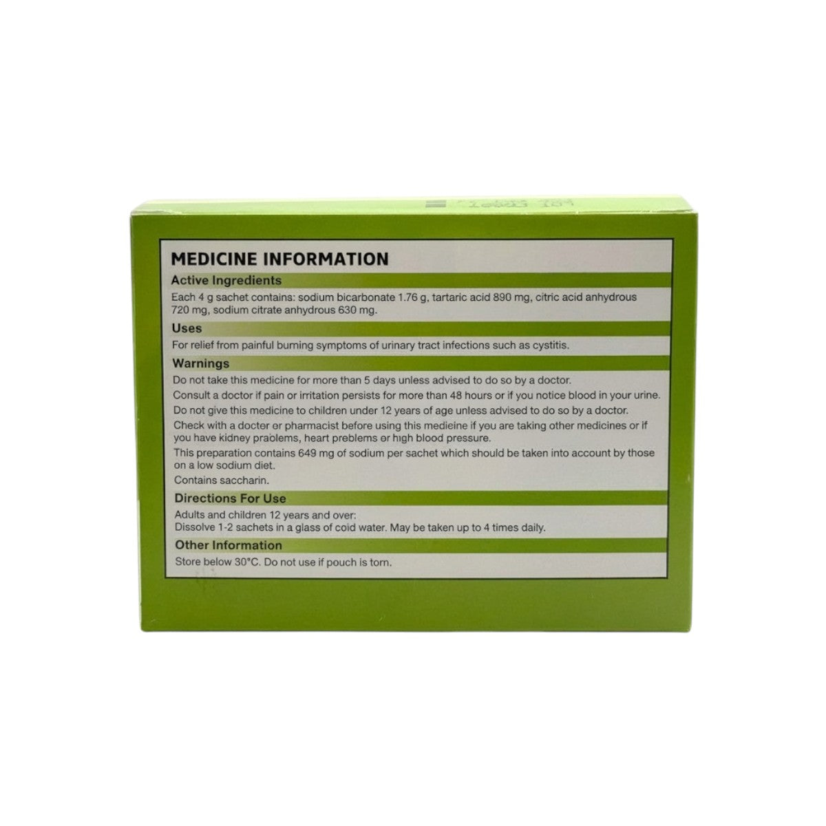 Ural Urinary Alkaliniser – Back of Box Ingredients & Directions