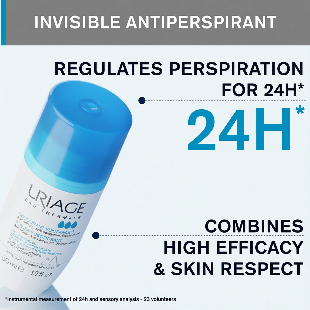 Uriage invisible antiperspirant deodorant with text highlighting its features on a gray background