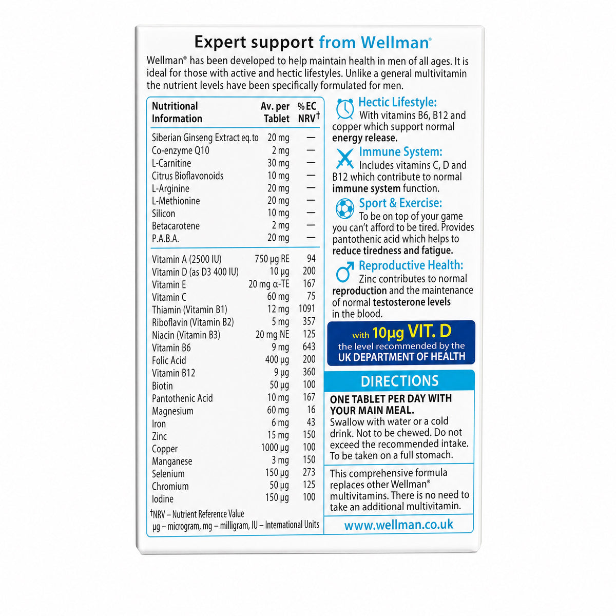 Vitabiotics Wellman Original Men's Multivitamin – Nutrition Information