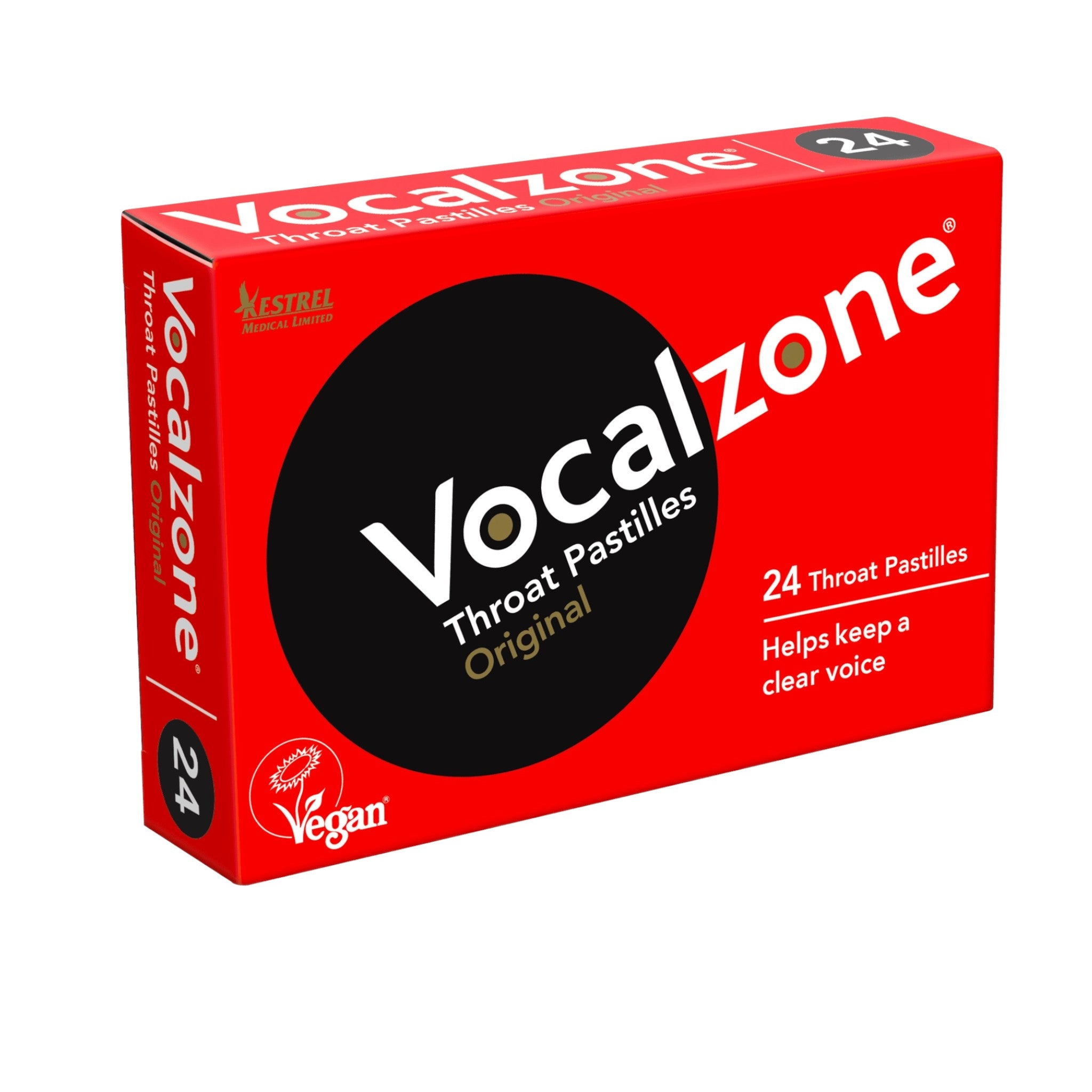 Vocalzone Original throat pastilles 24 lozenges – front of box, vegan, UK made