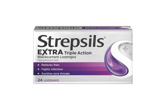 Strepsils Extra Triple Action Blackcurrant 24 lozenges box front