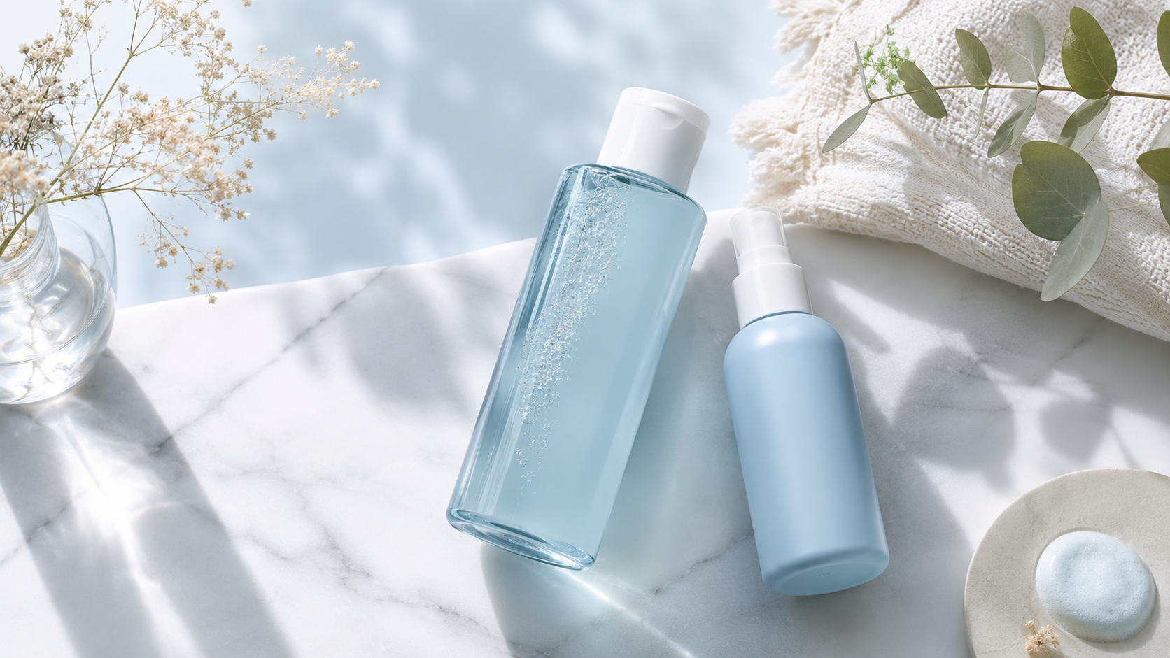 An elegant array of French pharmacy scalp care products on a marble vanity