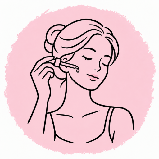 Woman applying one drop of face serum to her cheek