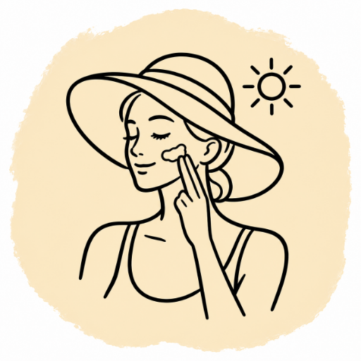 Woman in a sun hat applying sunscreen to her cheek