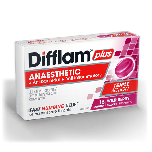 Difflam Plus Anaesthetic Lozenges Wild Berry 16 Pack – Triple Action Numbing Relief | UpoLife®