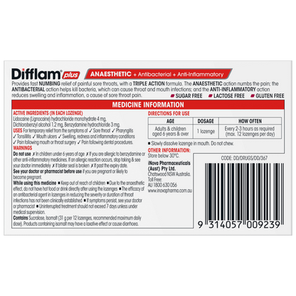 Difflam Plus Anaesthetic Lozenges Wild Berry 16 Pack – Triple Action Numbing Relief | UpoLife®