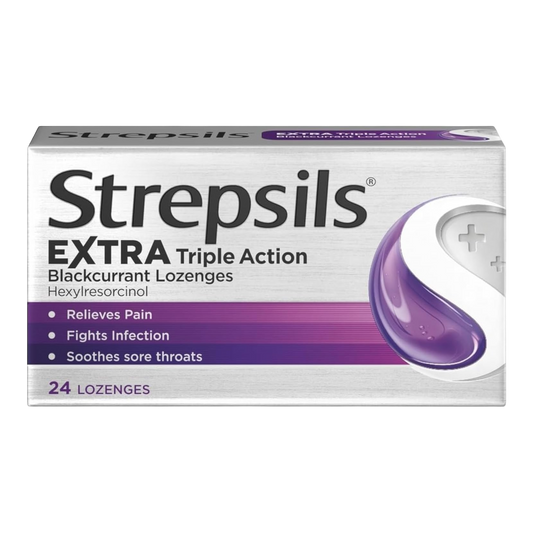 Strepsils Extra Triple Action Blackcurrant Lozenges 24 Count | Sore Throat & Pain Relief