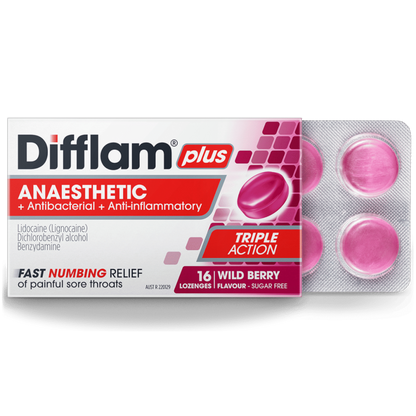 Difflam Plus Anaesthetic Lozenges Wild Berry 16 Pack – Triple Action Numbing Relief | UpoLife®