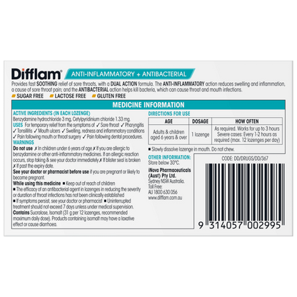 Difflam Honey & Lemon Lozenges 16 | Dual Action Soothing Relief UpoLife