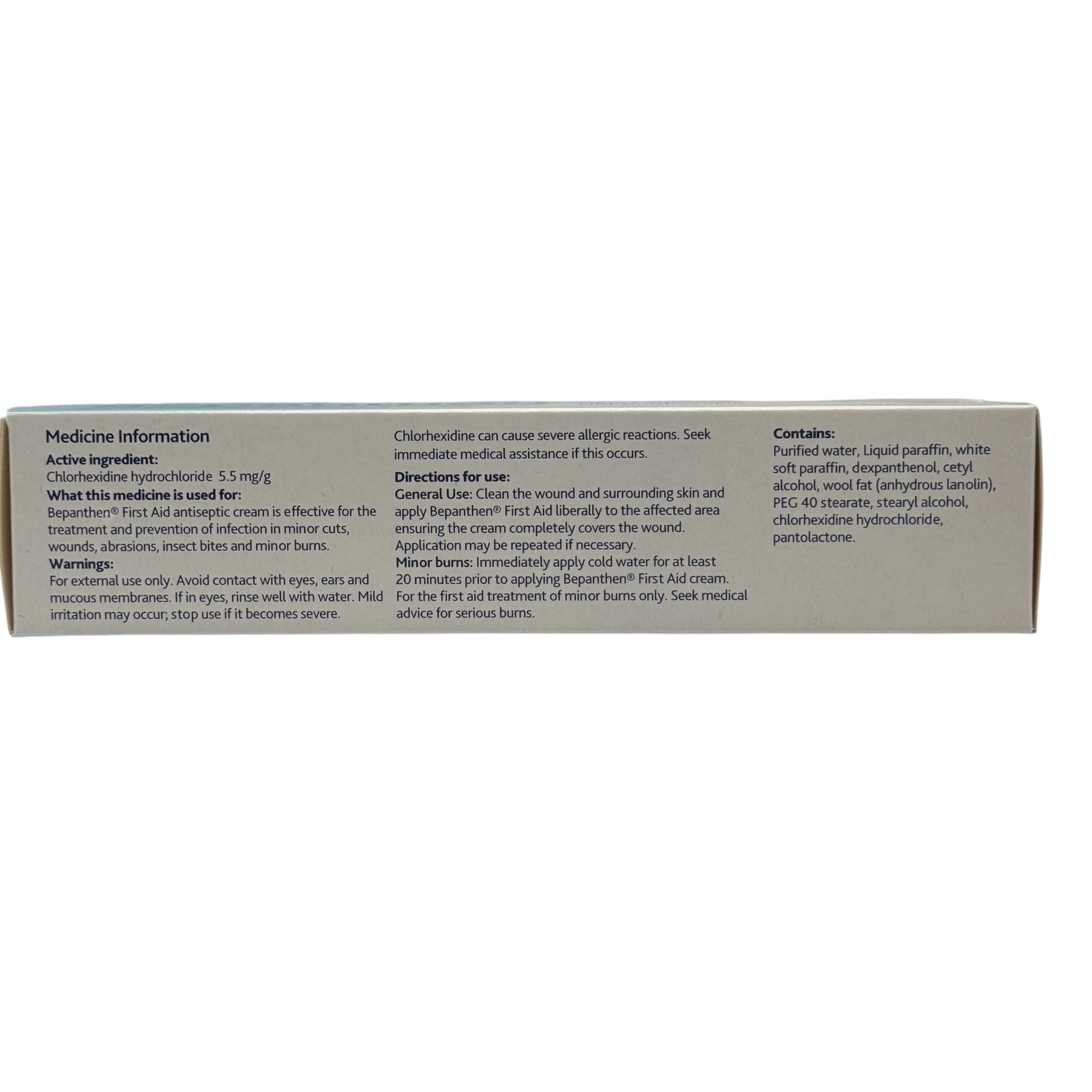 Bepanthen First Aid Cream 100g ingredients and directions panel
