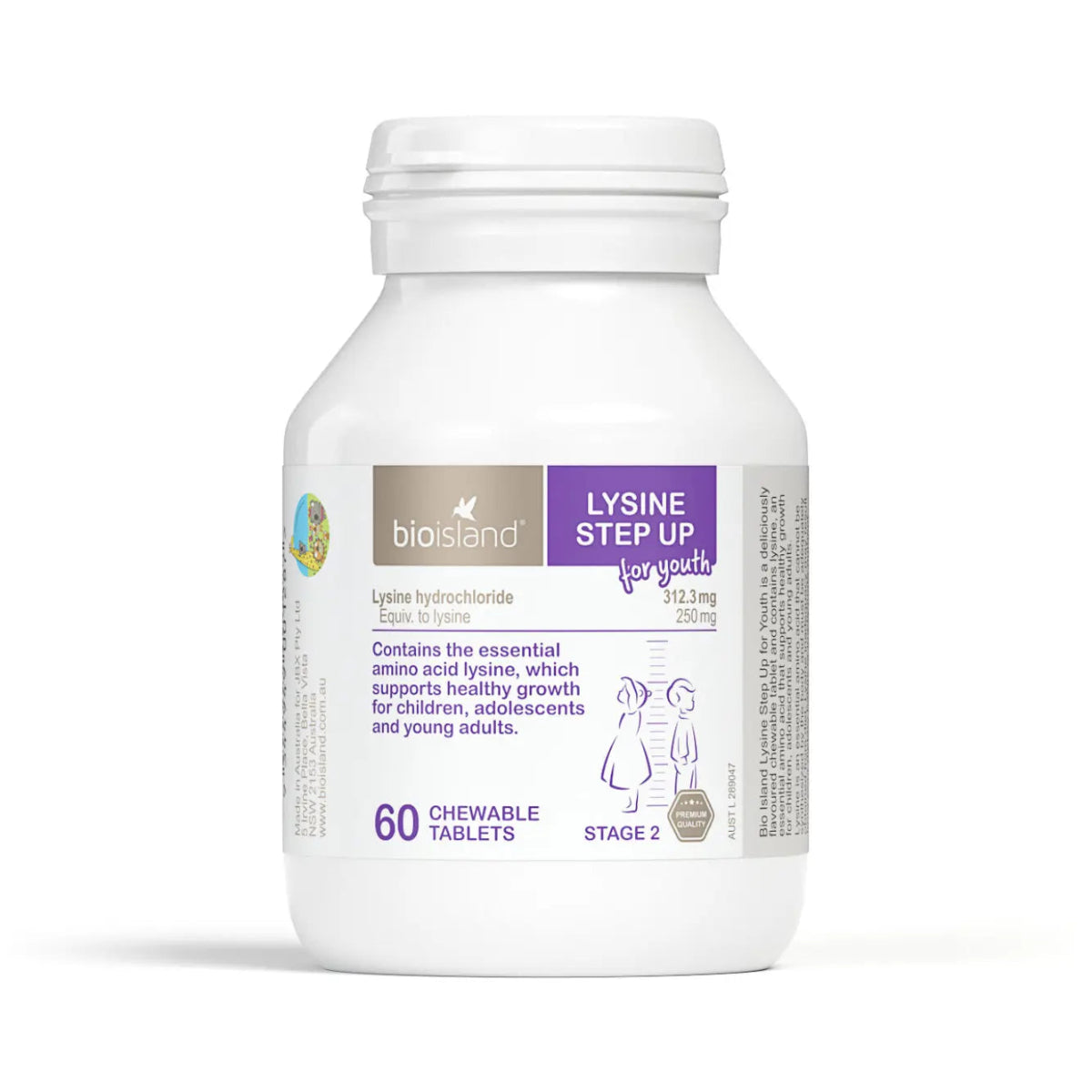 Close up of Bio Island Lysine Step Up for Youth chewable tablets bottle