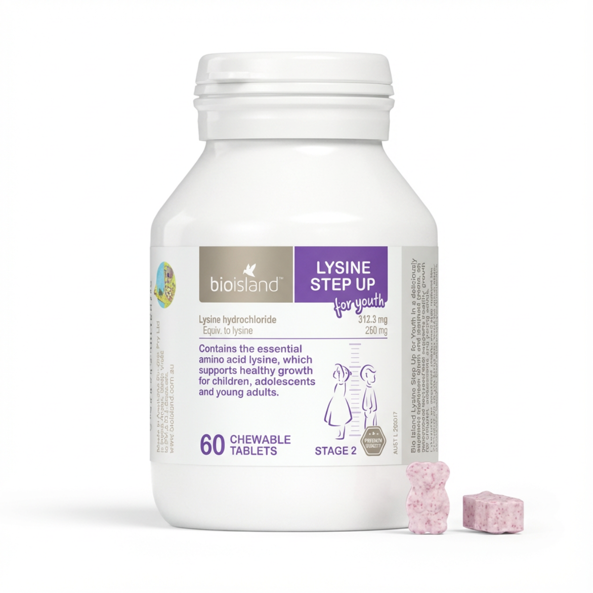 Bio Island Lysine Step Up for Youth chewable lysine tablets showing tablet shape and texture