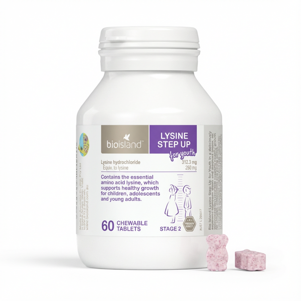 Bio Island Lysine Step Up for Youth chewable lysine tablets showing tablet shape and texture