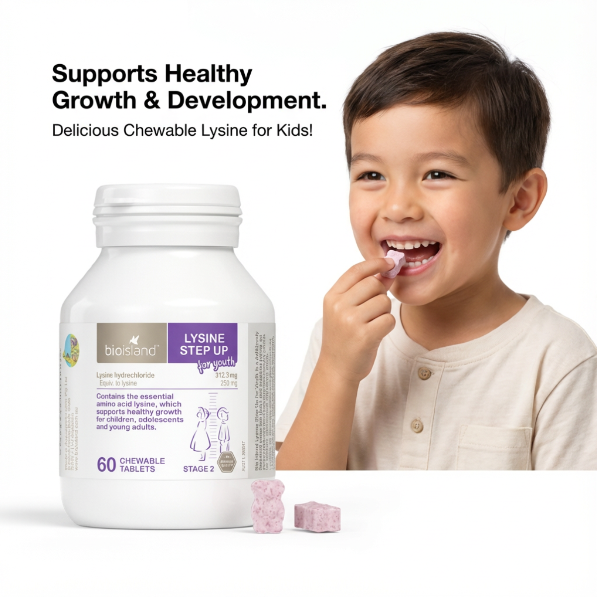Child taking Bio Island Lysine Step Up for Youth chewable tablet to support healthy growth