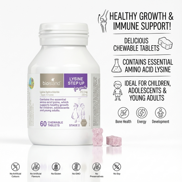 Bio Island Lysine Step Up for Youth with no gluten, no GMO, no artificial colours or flavours