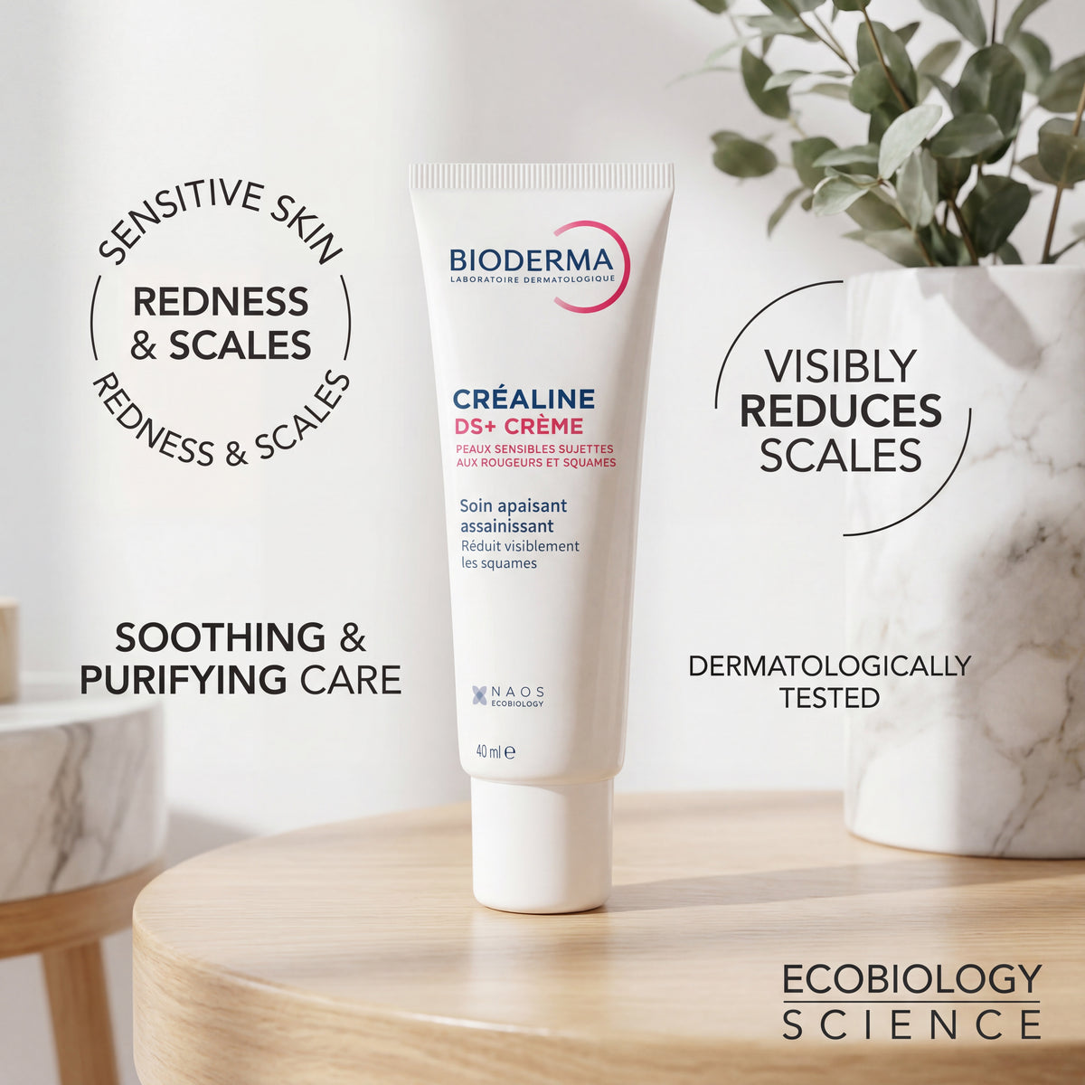Bioderma Crealine DS+ Cream 40ml premium skincare lifestyle image for sensitive skin with redness and flaking