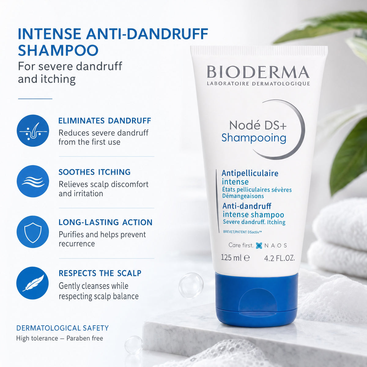 Bioderma Nodé DS+ Shampoo 125ml Anti-Dandruff Shampoo Benefits and Features Infographic