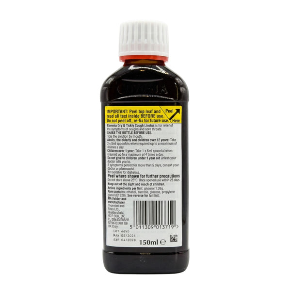 Covonia Dry & Tickly Cough Linctus back label and details