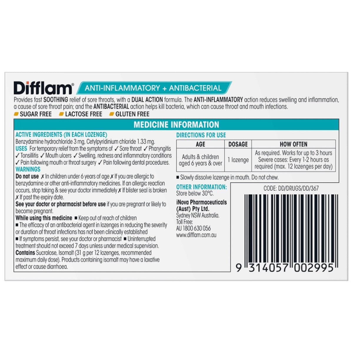 Difflam Dual Action Honey Lemon Sugar Free Lozenges 16 – Back Label
