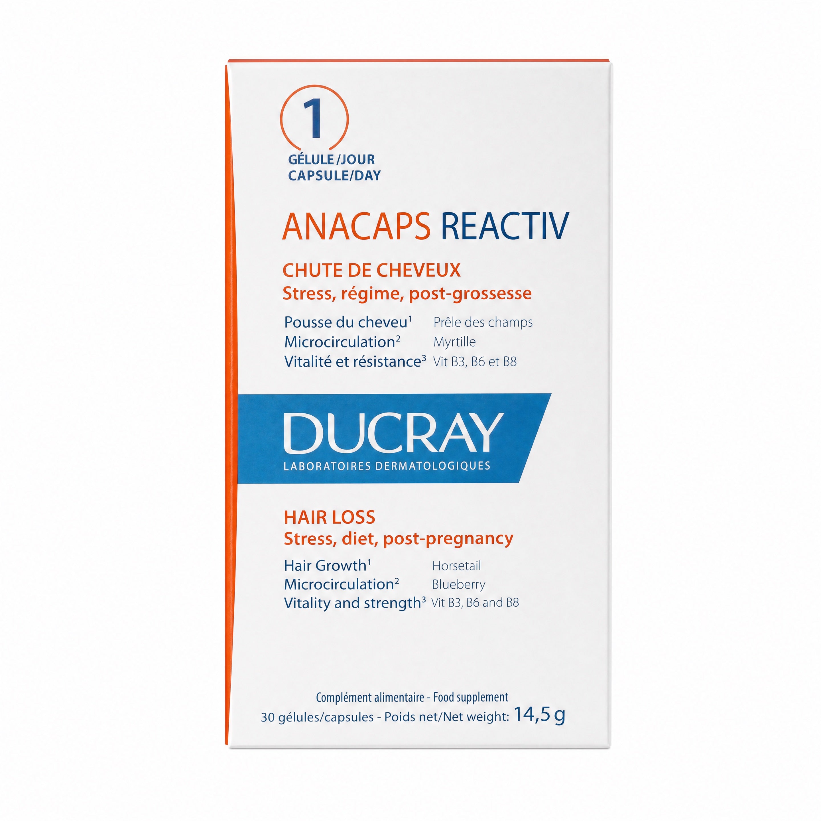 Ducray Anacaps Reactiv Hair Vitality Supplement 30 Capsules – Front