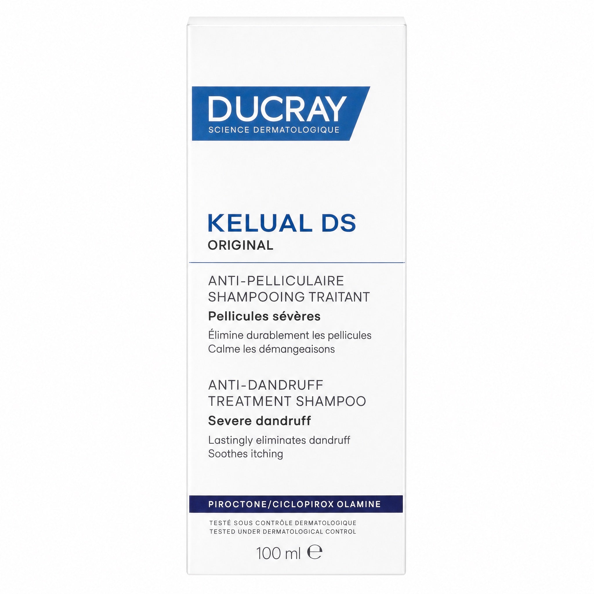 Front view of Ducray Kelual DS Anti-Dandruff Treatment Shampoo 100ml retail box