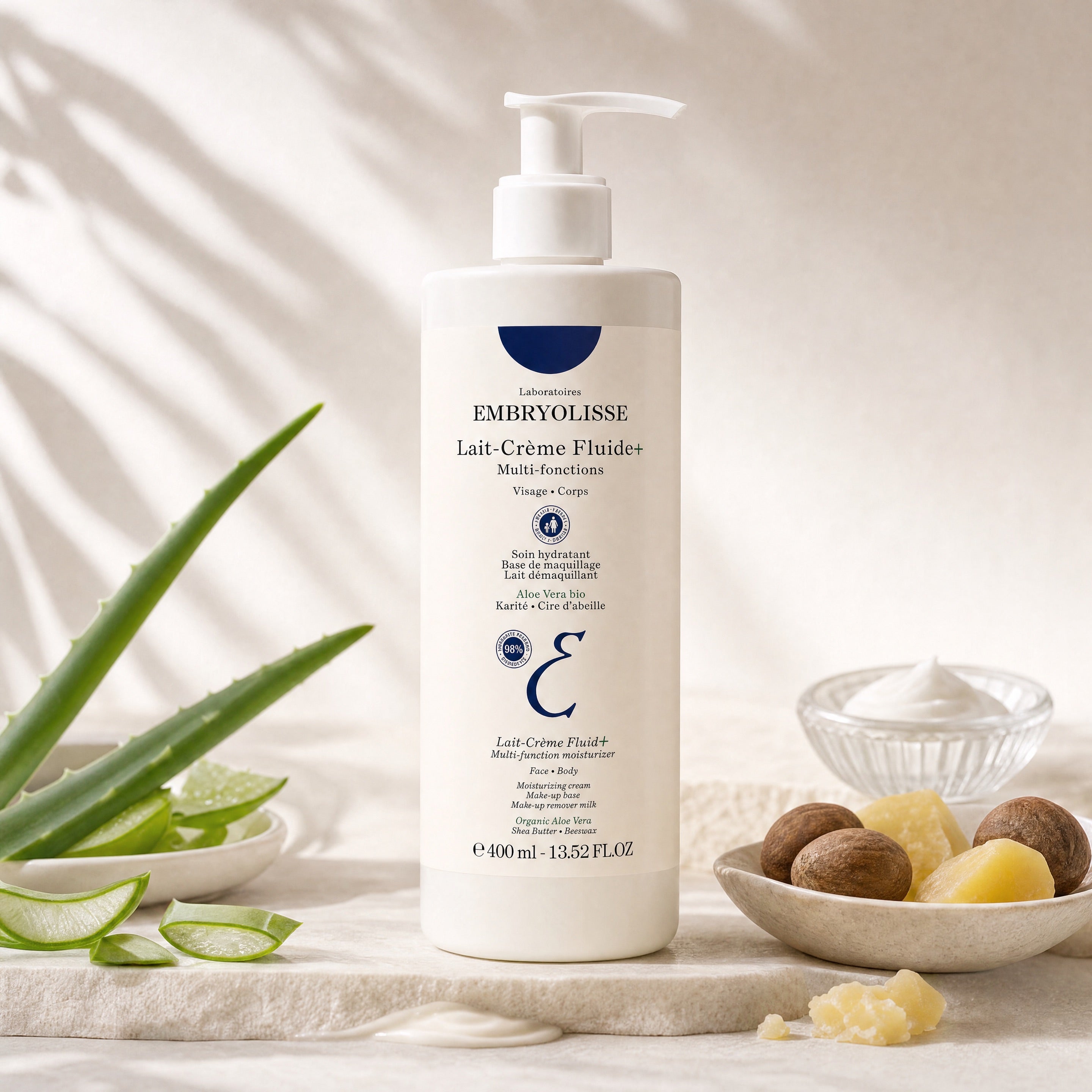 Embryolisse Lait-Crème Fluide+ 400 ml – Organic Aloe Vera Shea Butter and Beeswax