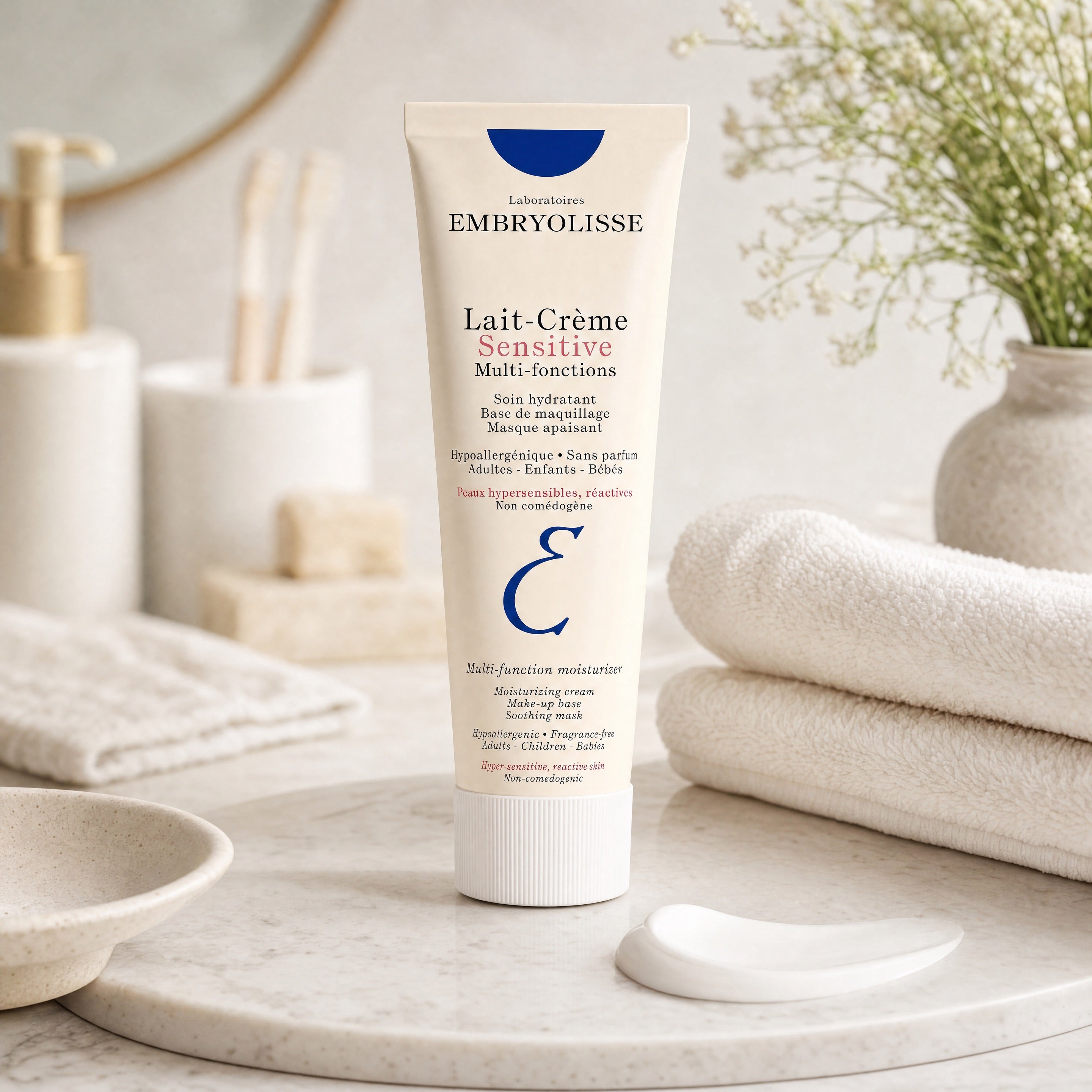 Embryolisse Lait-Crème Sensitive 100 ml – Cream Texture and Bathroom Lifestyle