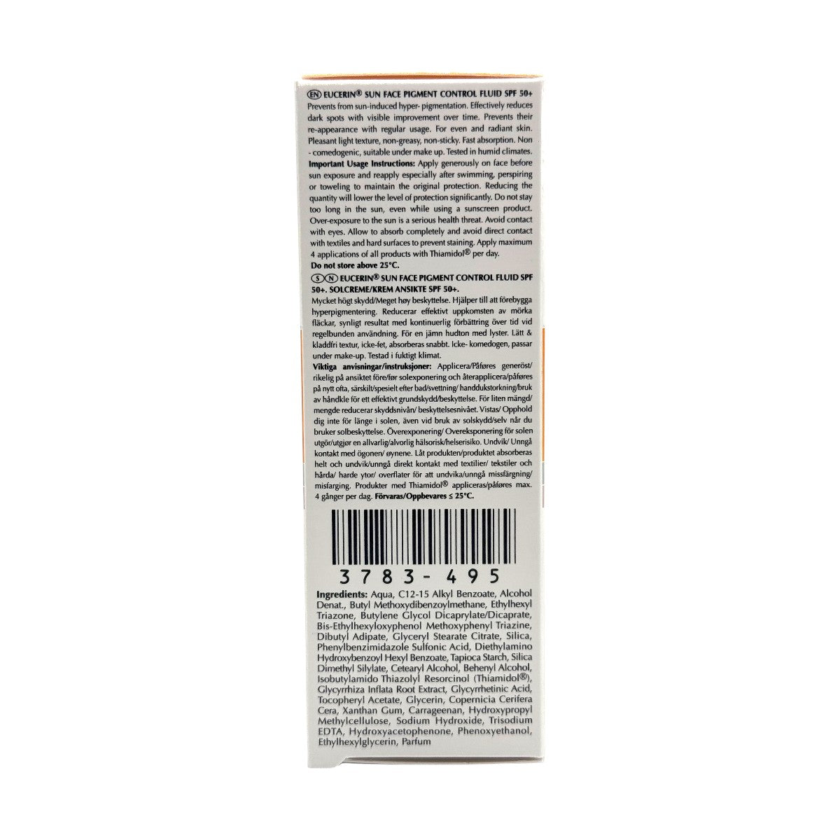 Eucerin Pigment Control SPF 50+ Sun Fluid ingredients list on the box