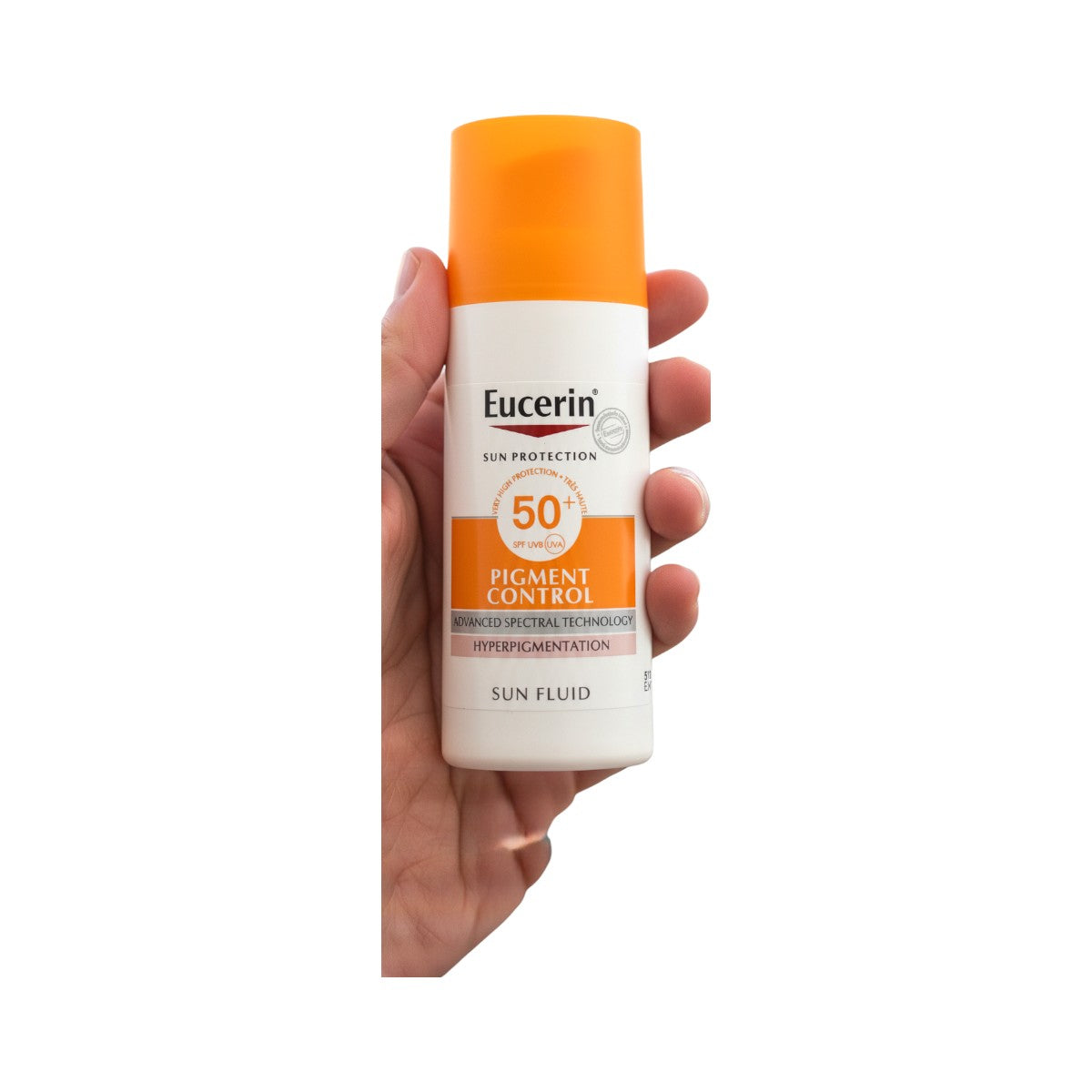 Eucerin Pigment Control SPF 50+ Sun Fluid bottle held in hand for size reference
