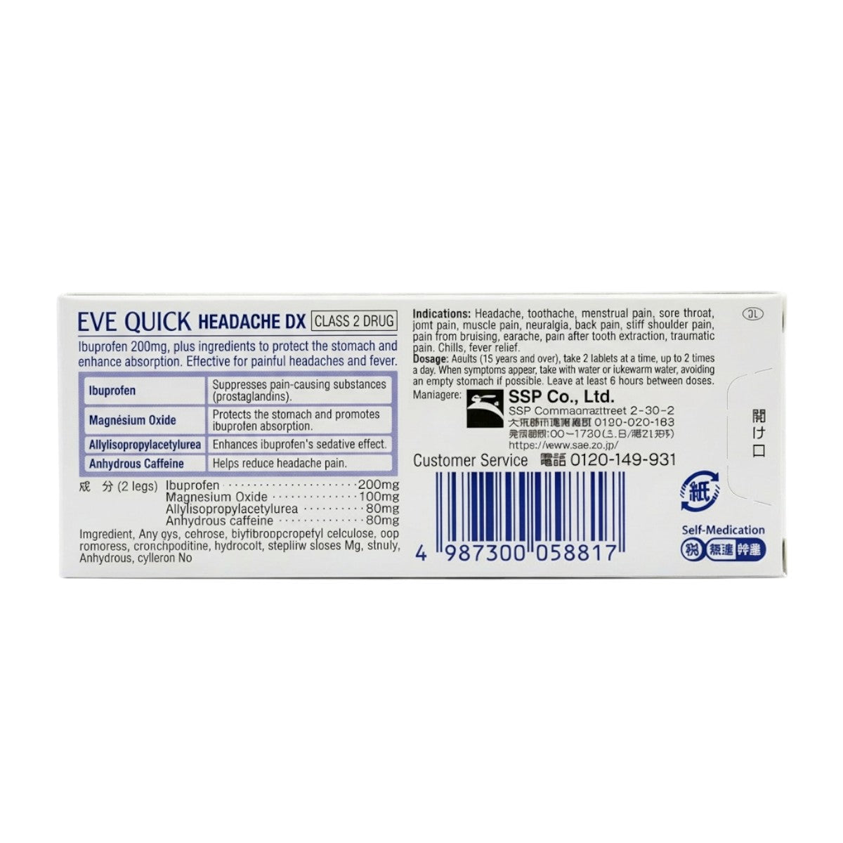 EVE Quick DX Pain Reliever – Back Label with Instructions