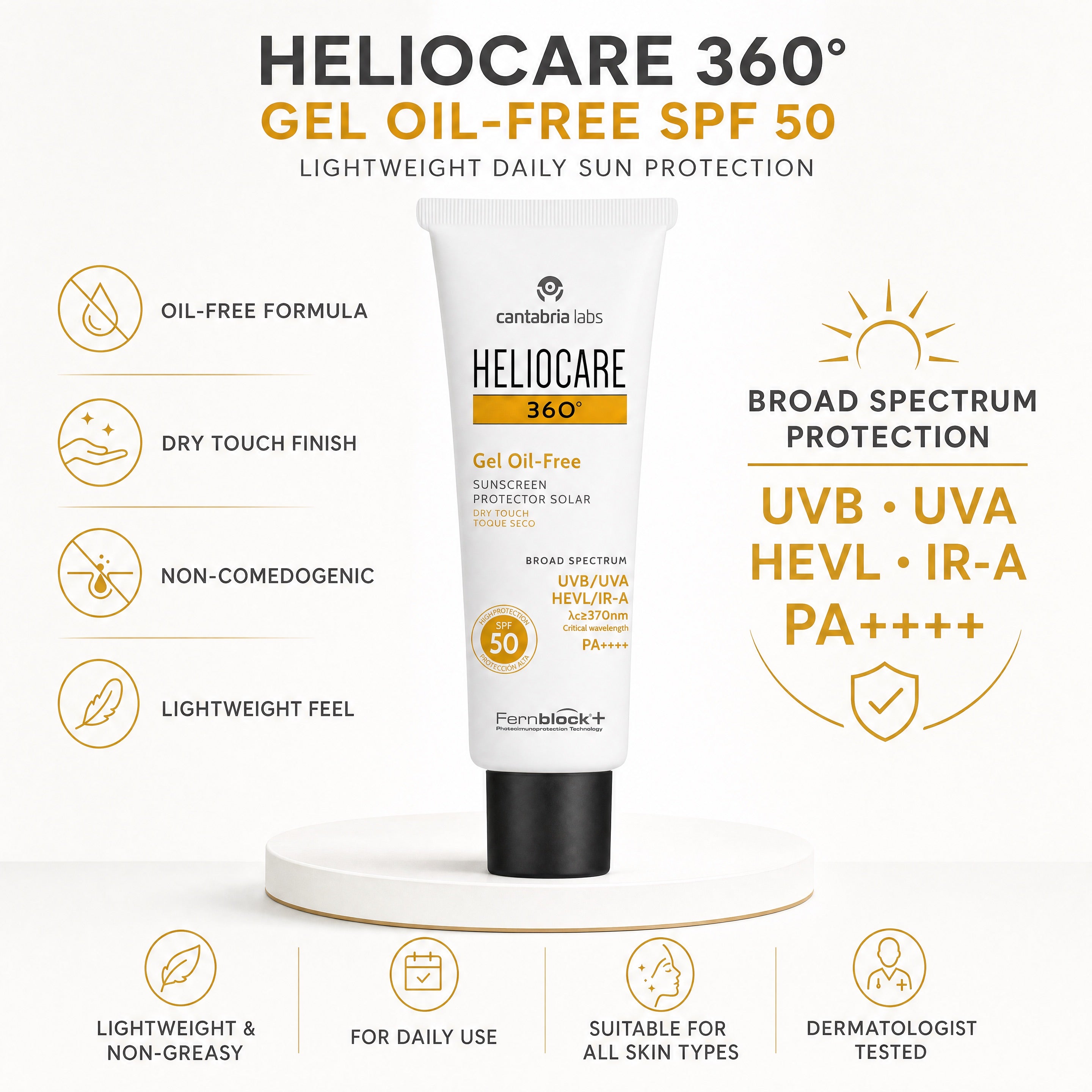 Heliocare 360 Gel Oil-Free SPF 50 – Oil-Free Dry Touch Broad Spectrum Protection