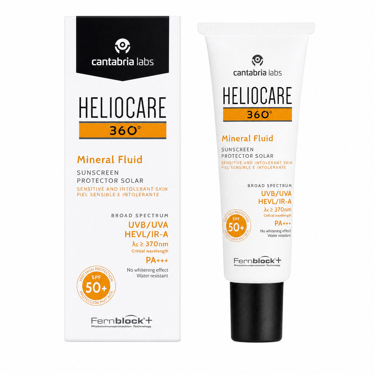 Heliocare 360 Mineral Fluid SPF 50+ 50ml – Tube and Box Front