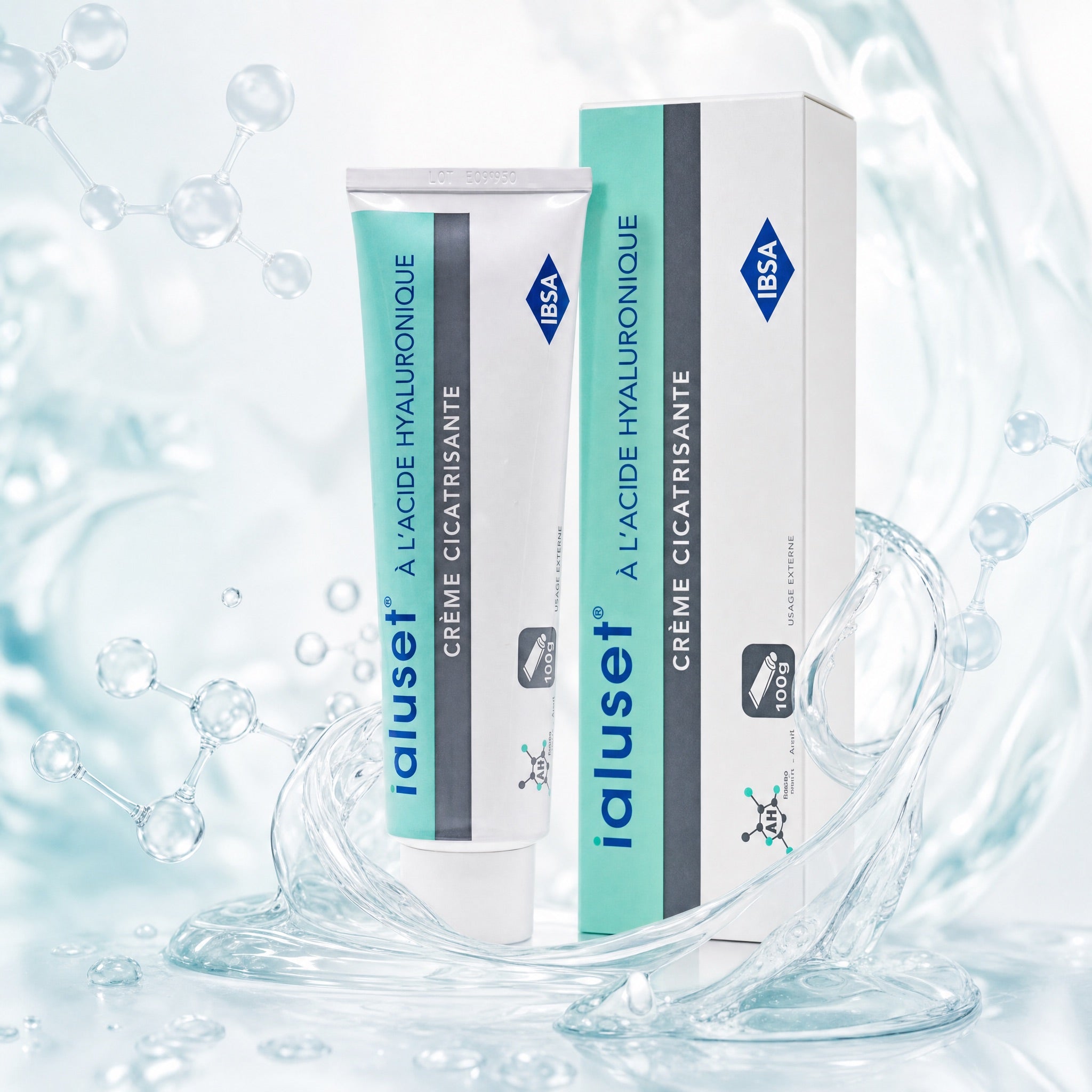 Ialuset Hyaluronic Acid Healing Cream 100g with hydrating water and hyaluronic acid inspired background
