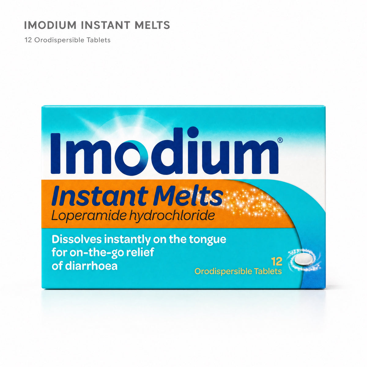 Imodium Instant Melts Loperamide 2mg 12 Tablets – Front Box Detail