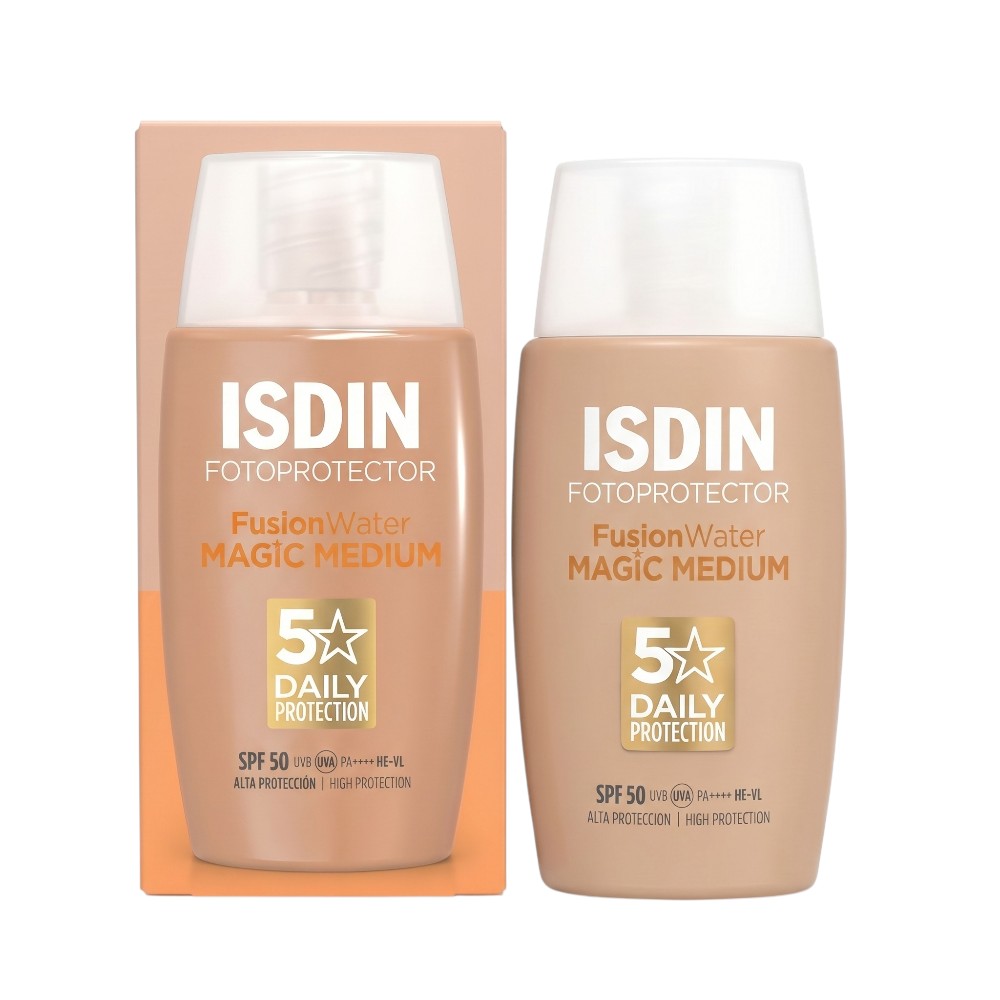 ISDIN Fusion Water Magic Medium SPF50 50ml – Box Front and tube 