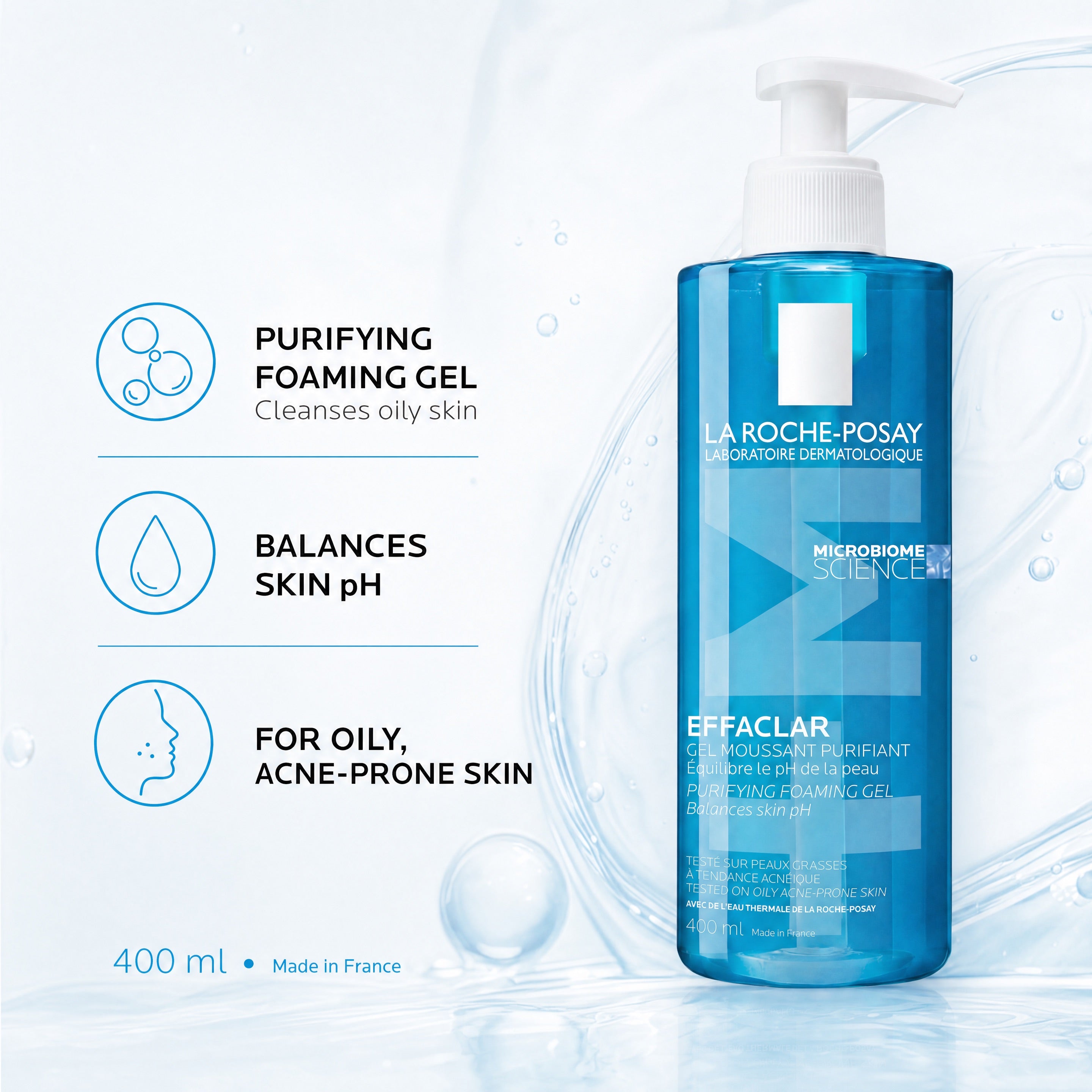 La Roche-Posay Effaclar Purifying Foaming Gel 400ml for oily acne-prone skin with pH balancing cleansing care