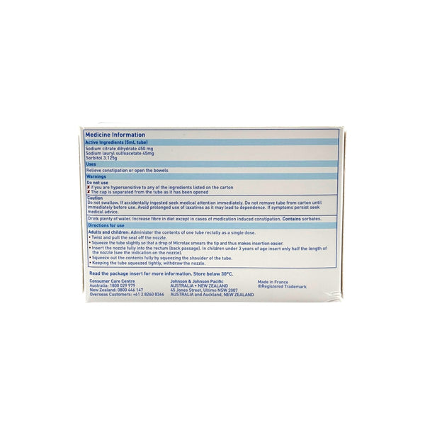 Microlax Enema 12 x 5mL medicine information panel