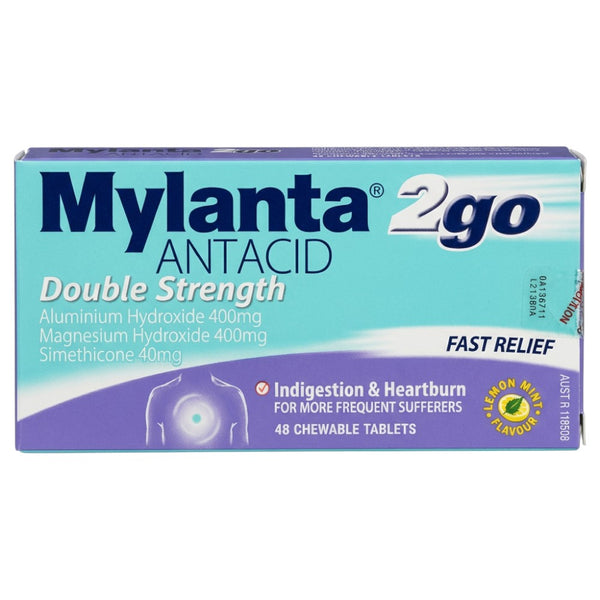 Mylanta 2go Antacid Double Strength Lemon Mint 48 Tablets – Front