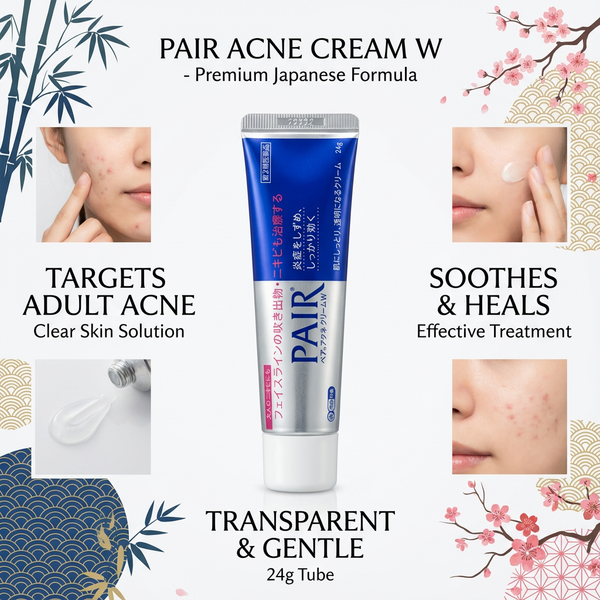 Pair Acne Cream W advertisement with product image and text about its features.