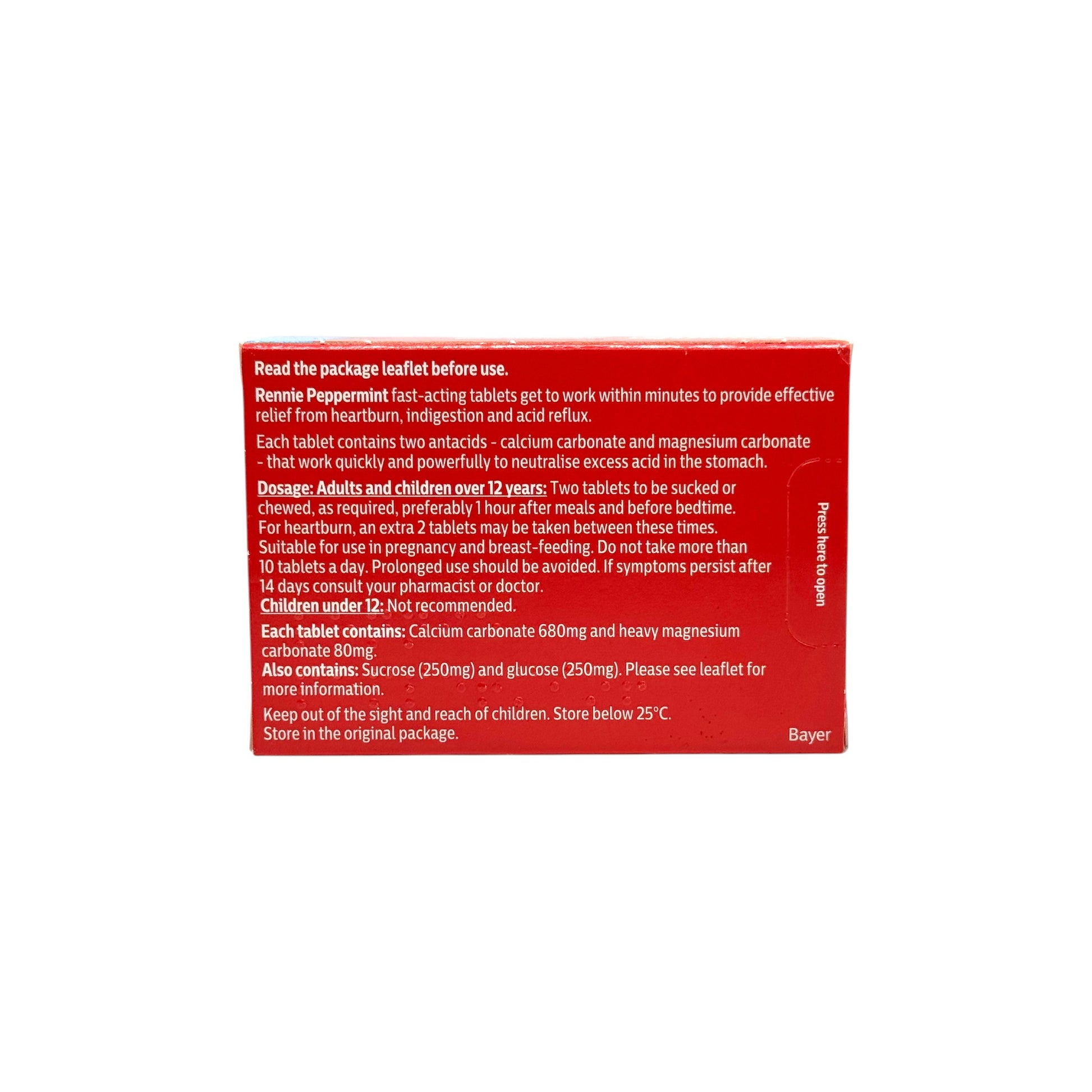 Rennie Peppermint chewable tablets – back of pack with usage info