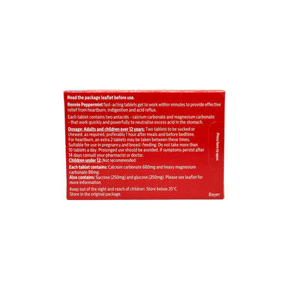 Rennie Peppermint chewable tablets – back of pack with usage info